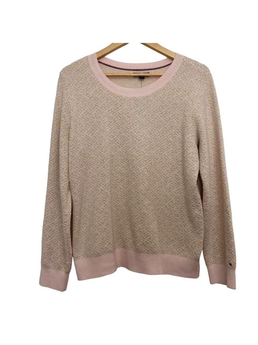 TOMMY Hilfiger knit sweater pink gold metalic scoop neck long sleeves Large
